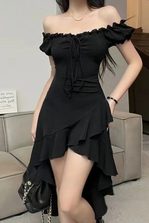 New Style Trends - Midnight Ruffle Cascade Aesthetic Dress - Outfit Ideas