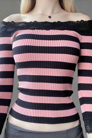 New Style Trends - Midnight Stripes Lace Trim Alt Long Sleeve Top - Outfit Ideas