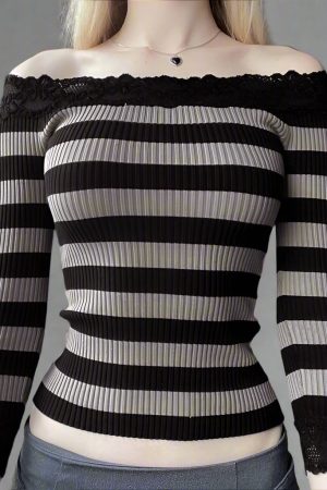 New Style Trends - Midnight Stripes Lace Trim Alt Long Sleeve Top - Outfit Ideas