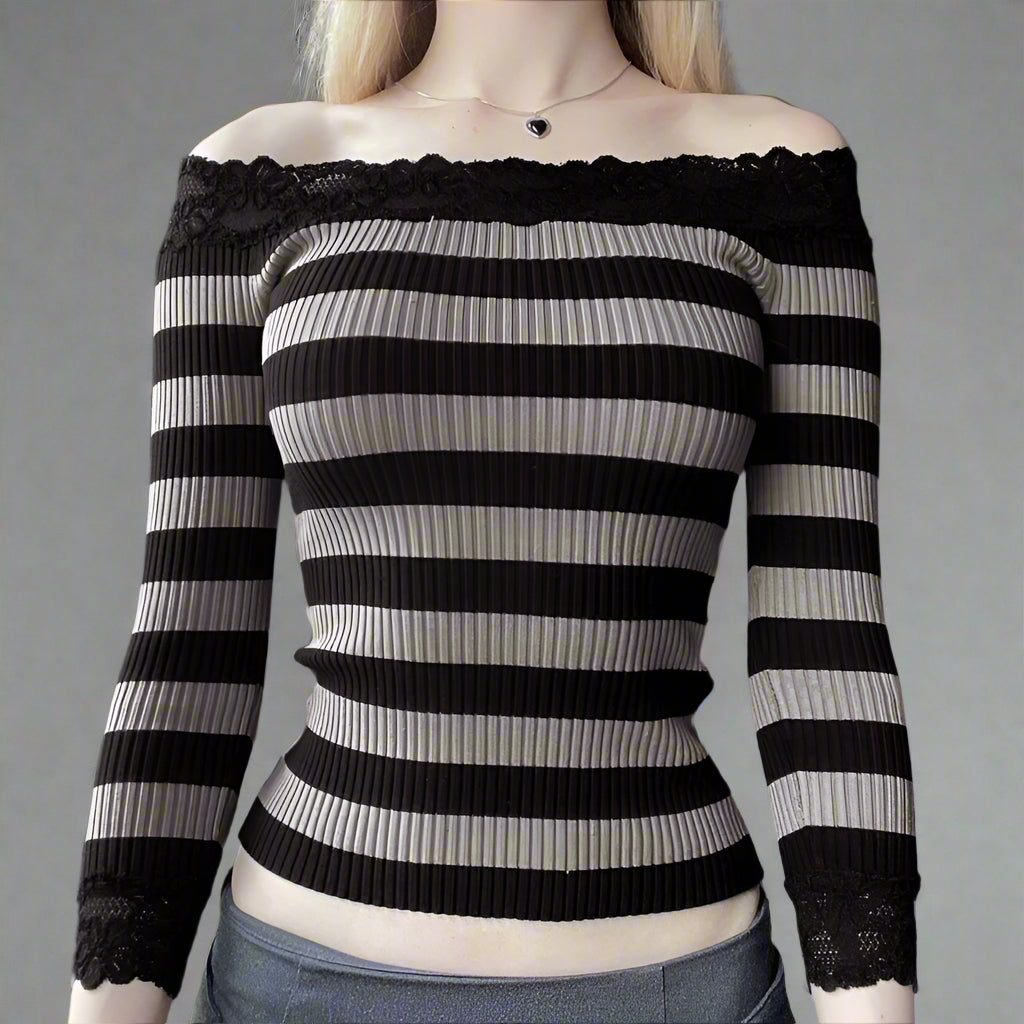 New Style Trends - Midnight Stripes Lace Trim Alt Long Sleeve Top - Outfit Ideas