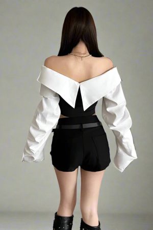 New Style Trends - Monochrome Buckled Edgy Off-Shoulder Long Sleeve Crop Top - Outfit Ideas