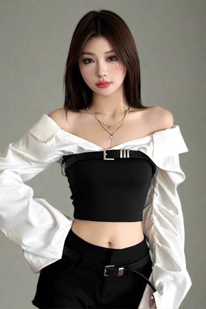 New Style Trends - Monochrome Buckled Edgy Off-Shoulder Long Sleeve Crop Top - Outfit Ideas