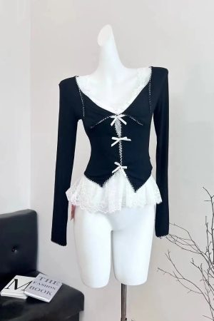 New Style Trends - Noir Coquette Lace Bow Tie Blouse - Outfit Ideas