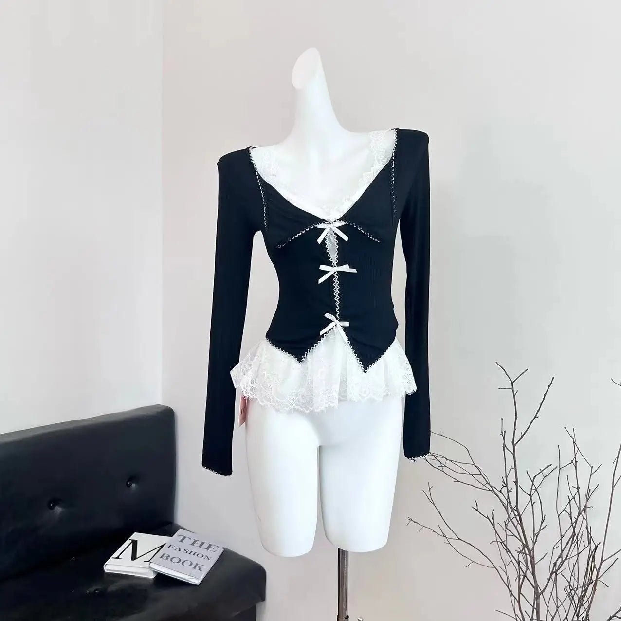 New Style Trends - Noir Coquette Lace Bow Tie Blouse - Outfit Ideas