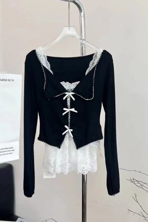 New Style Trends - Noir Coquette Lace Bow Tie Blouse - Outfit Ideas