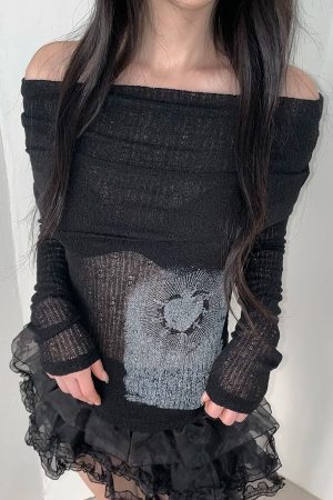 New Style Trends - Off-Shoulder Alt Mesh Long Sleeve Top - Outfit Ideas
