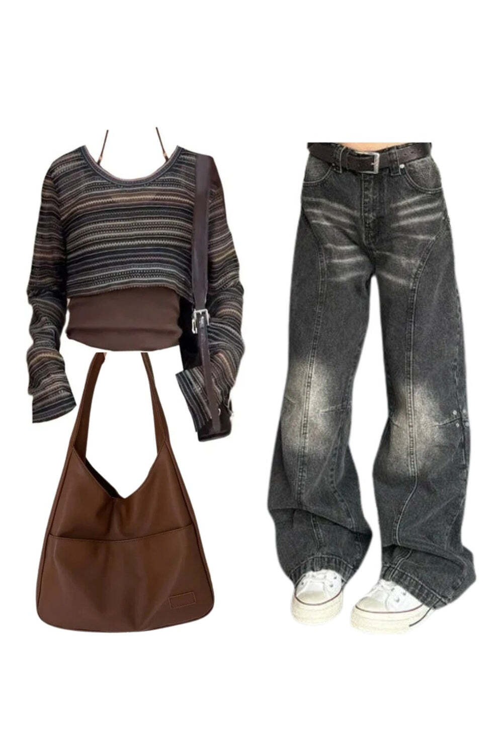 New Style Trends - Outfit: Layered Boho Knit Crop Top+Washed Black Wide-Leg Jeans+Large Casual Leather Handbagbo - Outfit Ideas