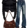 New Style Trends - Outfit: Noir Off-Shoulder Button-Up Cardigan+Retro Wash Flare Jeans+Vintage Buckled Satchel Bag - Outfit Ideas