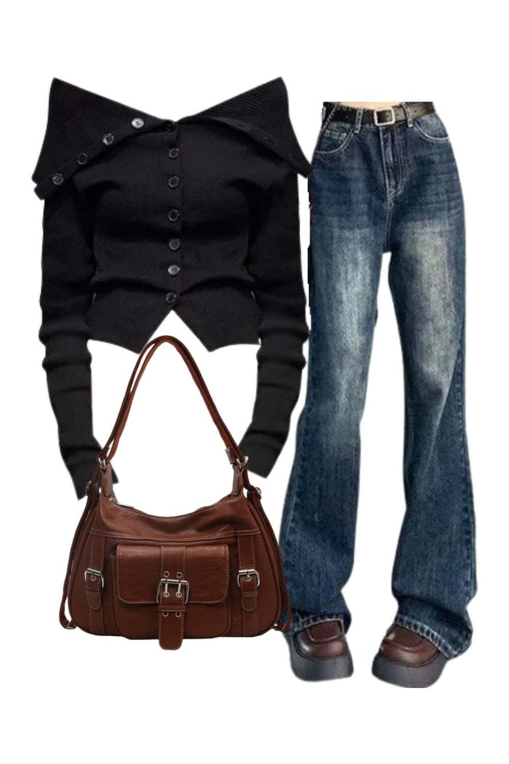 New Style Trends - Outfit: Noir Off-Shoulder Button-Up Cardigan+Retro Wash Flare Jeans+Vintage Buckled Satchel Bag - Outfit Ideas
