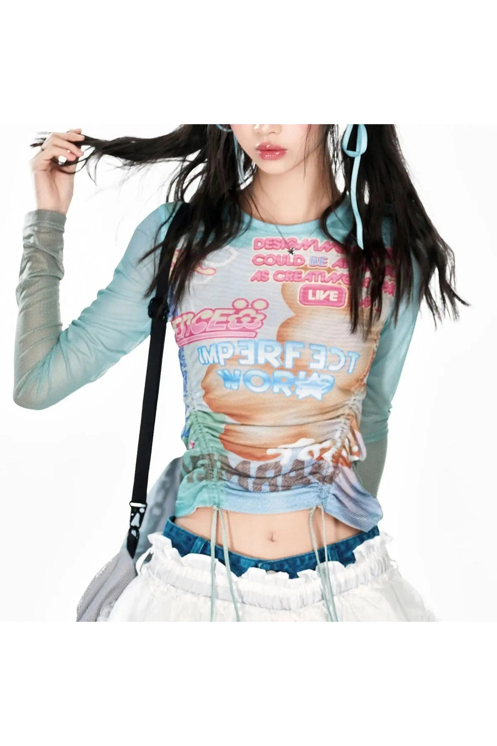 New Style Trends - Pastel Cyber Y2k Graphic Mesh Top - Outfit Ideas