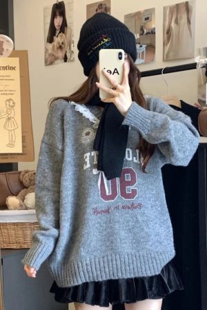 New Style Trends - Pink Lace-Trim Retro Graphic Knit Sweater - Outfit Ideas