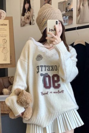 New Style Trends - Pink Lace-Trim Retro Graphic Knit Sweater - Outfit Ideas