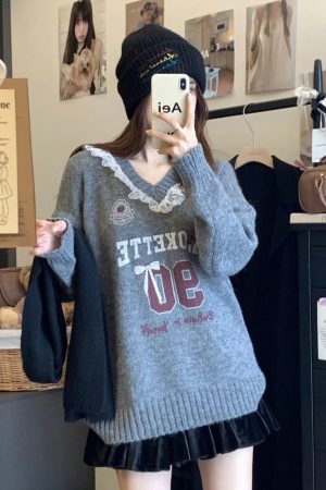 New Style Trends - Pink Lace-Trim Retro Graphic Knit Sweater - Outfit Ideas