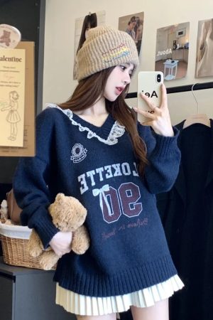 New Style Trends - Pink Lace-Trim Retro Graphic Knit Sweater - Outfit Ideas