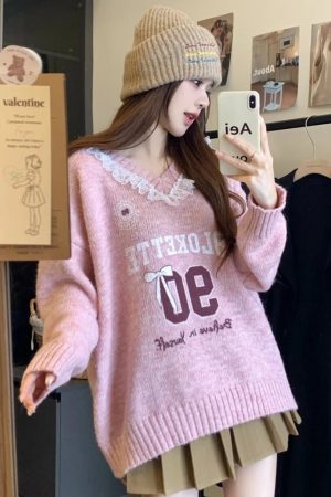New Style Trends - Pink Lace-Trim Retro Graphic Knit Sweater - Outfit Ideas