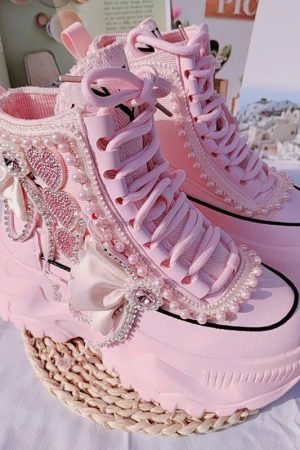 New Style Trends - Pink Pearl Heart High Platform Sneakers - Outfit Ideas