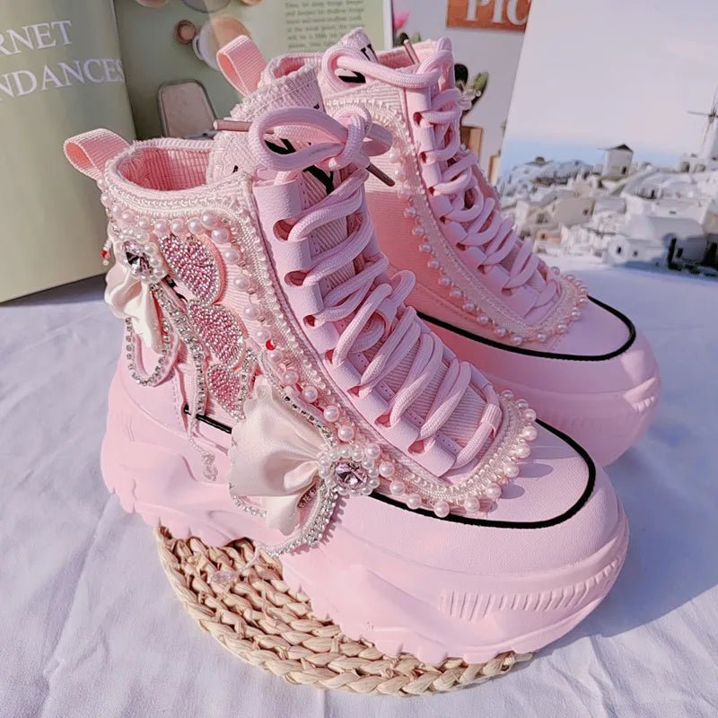 New Style Trends - Pink Pearl Heart High Platform Sneakers - Outfit Ideas New Style Trends - Pink Pearl Heart High Platform Sneakers - Outfit Ideas