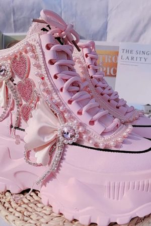 New Style Trends - Pink Pearl Heart High Platform Sneakers - Outfit Ideas