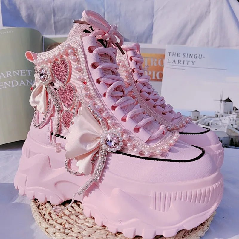 New Style Trends - Pink Pearl Heart High Platform Sneakers - Outfit Ideas New Style Trends - Pink Pearl Heart High Platform Sneakers - Outfit Ideas