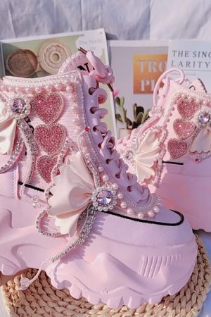 New Style Trends - Pink Pearl Heart High Platform Sneakers - Outfit Ideas