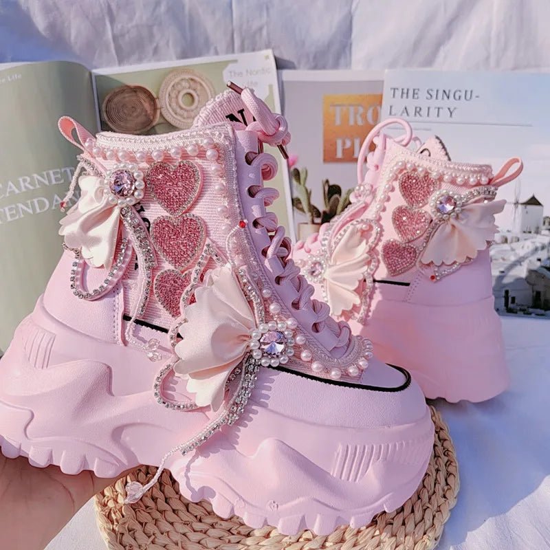 New Style Trends - Pink Pearl Heart High Platform Sneakers - Outfit Ideas New Style Trends - Pink Pearl Heart High Platform Sneakers - Outfit Ideas