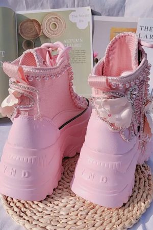 New Style Trends - Pink Pearl Heart High Platform Sneakers - Outfit Ideas