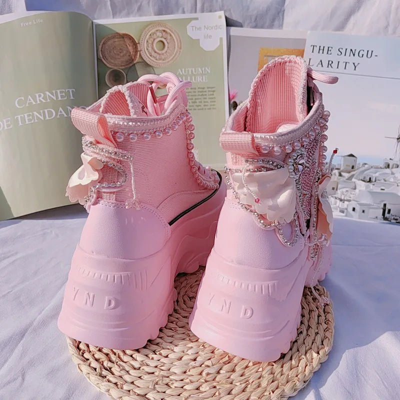 New Style Trends - Pink Pearl Heart High Platform Sneakers - Outfit Ideas New Style Trends - Pink Pearl Heart High Platform Sneakers - Outfit Ideas