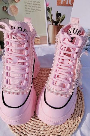 New Style Trends - Pink Pearl Heart High Platform Sneakers - Outfit Ideas