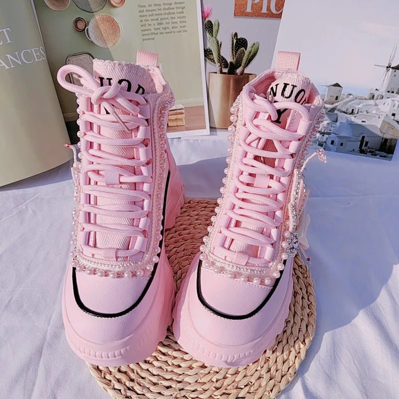 New Style Trends - Pink Pearl Heart High Platform Sneakers - Outfit Ideas New Style Trends - Pink Pearl Heart High Platform Sneakers - Outfit Ideas