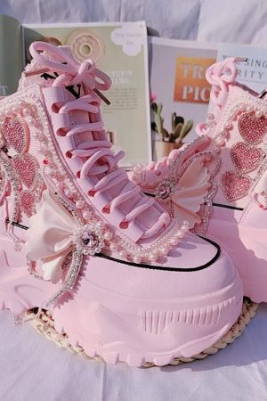New Style Trends - Pink Pearl Heart High Platform Sneakers - Outfit Ideas