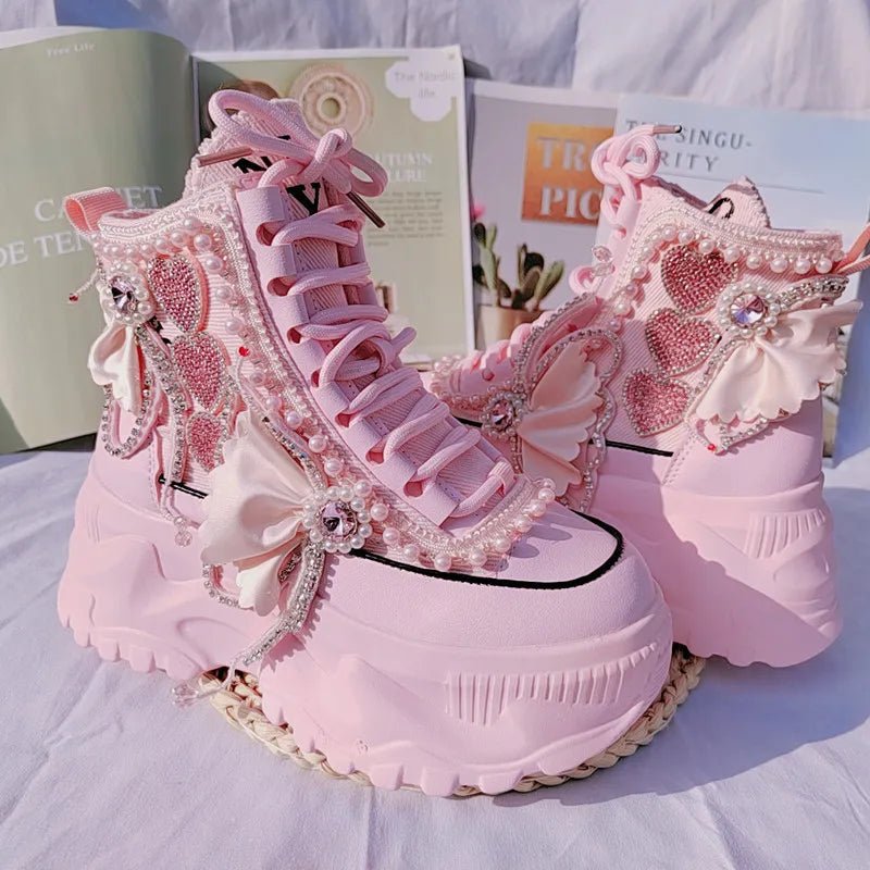 New Style Trends - Pink Pearl Heart High Platform Sneakers - Outfit Ideas