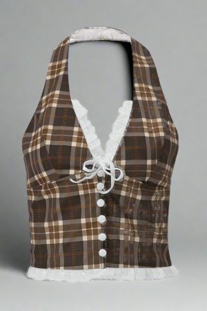 New Style Trends - Plaid Lace Trim Corset Retro Crop Top - Outfit Ideas