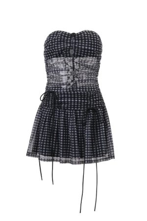 New Style Trends - Plaid Mesh Strapless Retro Skirt Outfit Set - Outfit Ideas