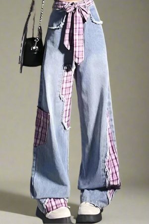 New Style Trends - Plaid Patchwork Edgy Ribbon Jeans - Outfit Ideas