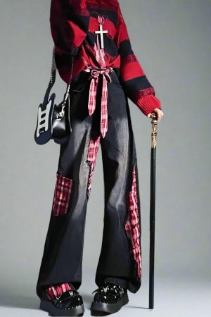 New Style Trends - Plaid Patchwork Edgy Ribbon Jeans - Outfit Ideas