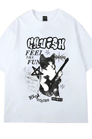 New Style Trends - Punk Cat Graphic Oversized T-Shirt - Outfit Ideas