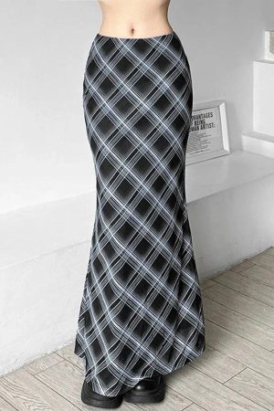 New Style Trends - Retro Black and Blue Plaid Maxi Skirt - Outfit Ideas