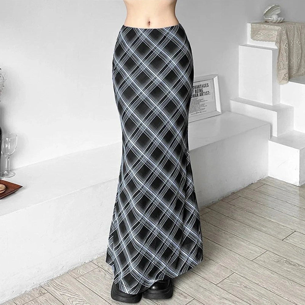 New Style Trends - Retro Black and Blue Plaid Maxi Skirt - Outfit Ideas