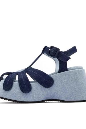 New Style Trends - Retro Bloom Denim Aesthetic Sandals - Outfit Ideas