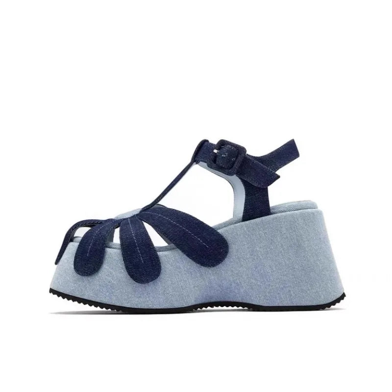 New Style Trends - Retro Bloom Denim Aesthetic Sandals - Outfit Ideas