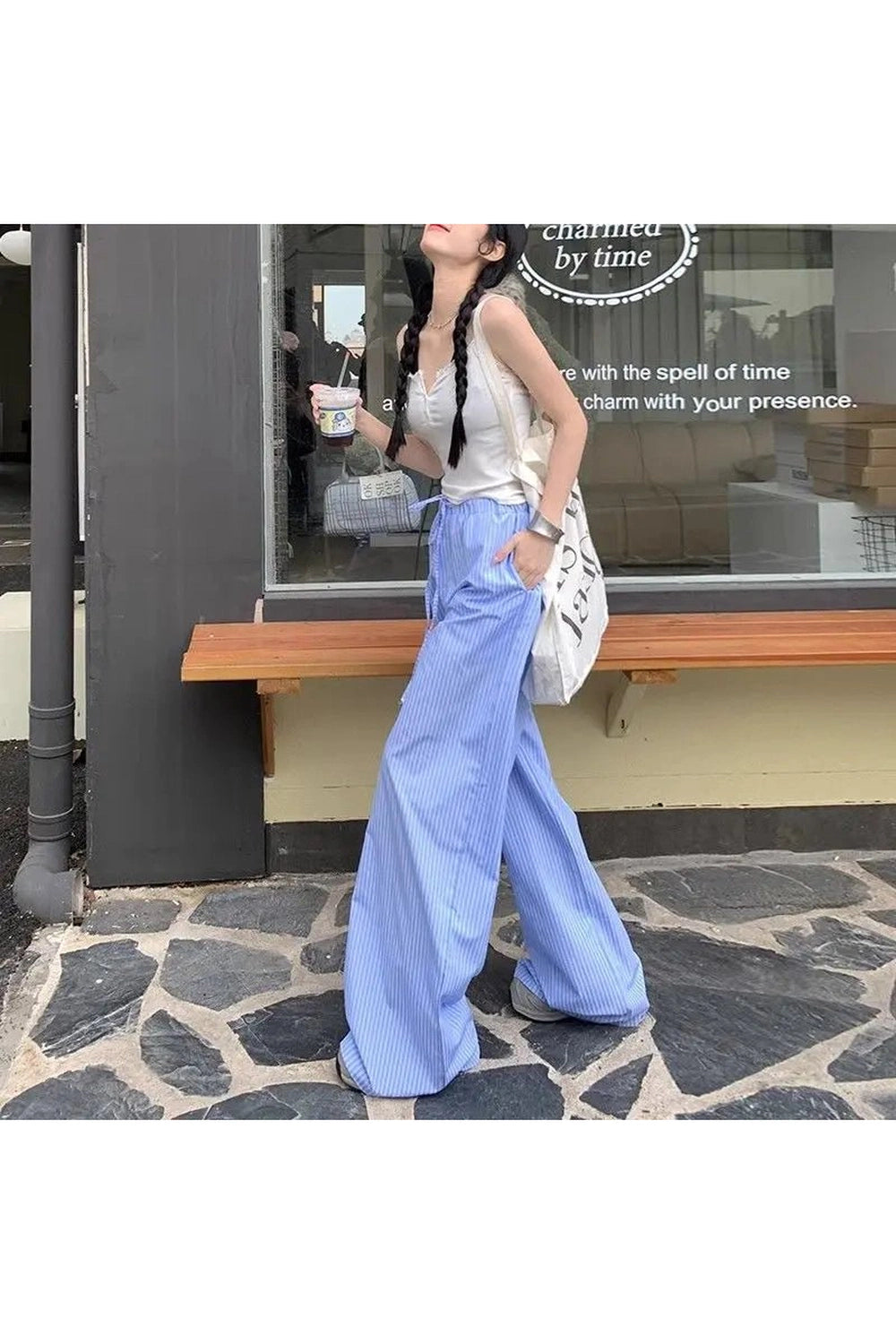 New Style Trends - Retro Blue Stripe Wide Leg Pants - Outfit Ideas
