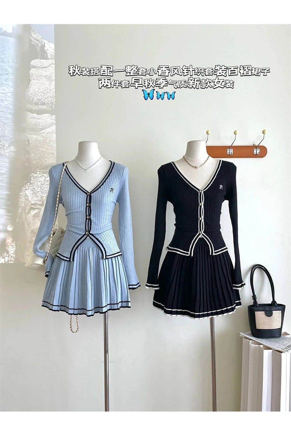 New Style Trends - Retro Button-Up Pleated Skirt Outfit Set - Outfit Ideas