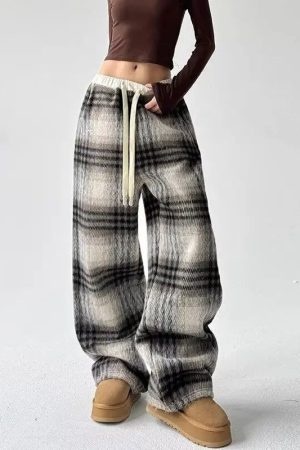 New Style Trends - Retro Cozy Plaid Wide-Leg Sweatpants - Outfit Ideas