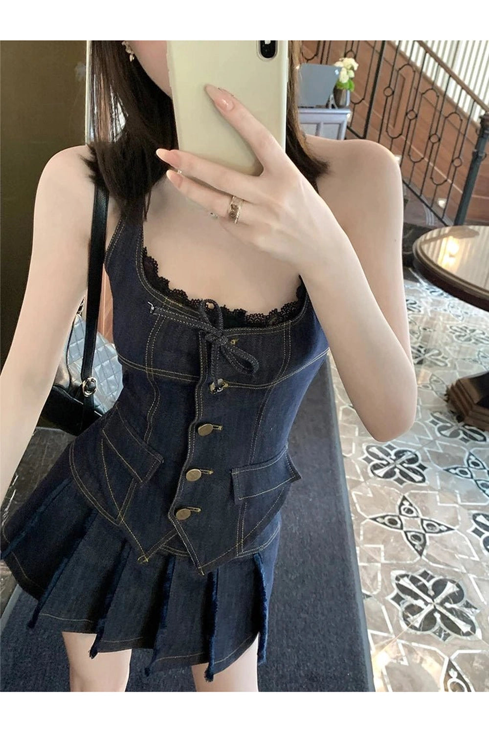 New Style Trends - Retro Lace-Up Indigo Mini Set - Outfit Ideas New Style Trends - Retro Lace-Up Indigo Mini Set - Outfit Ideas