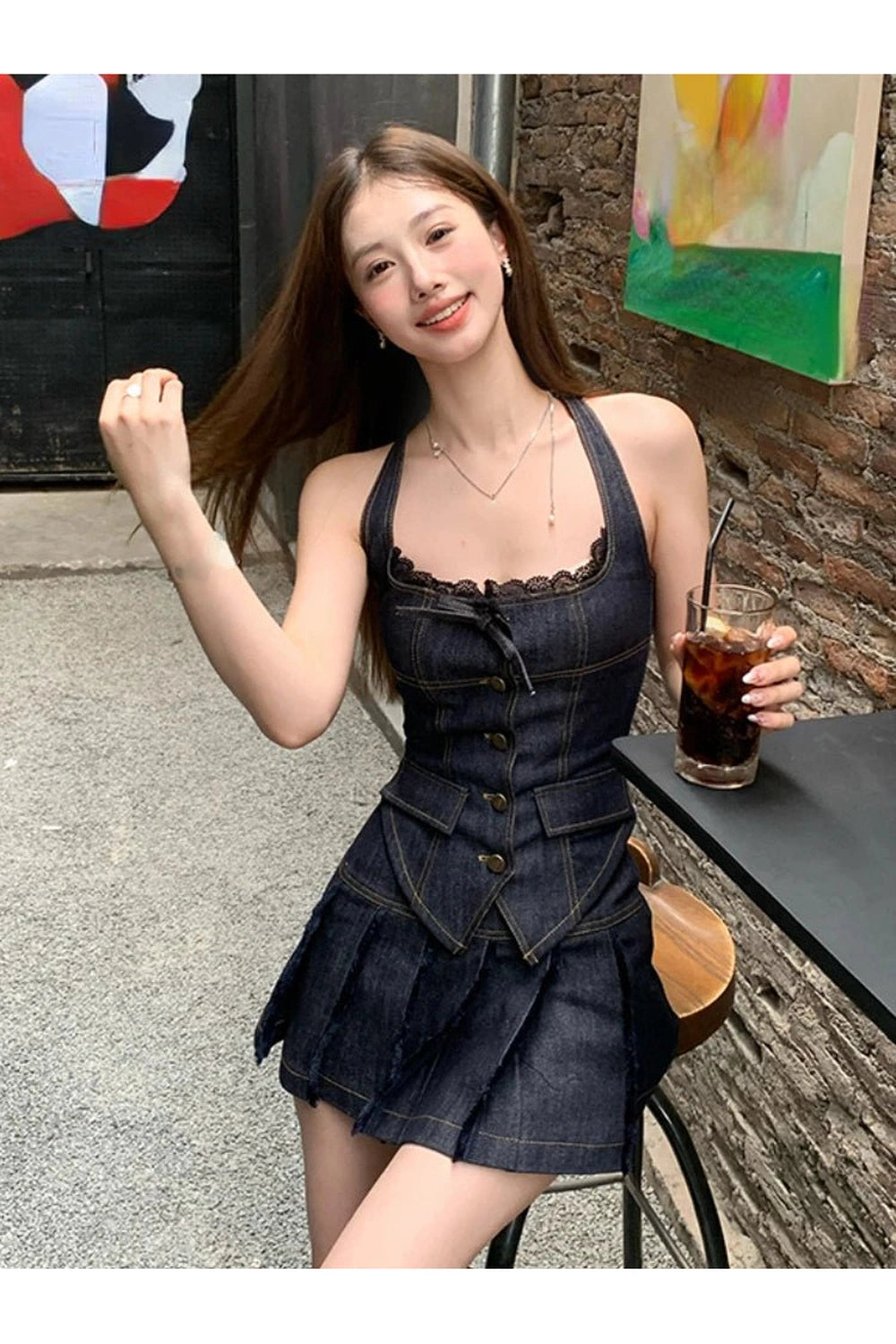 New Style Trends - Retro Lace-Up Indigo Mini Set - Outfit Ideas New Style Trends - Retro Lace-Up Indigo Mini Set - Outfit Ideas