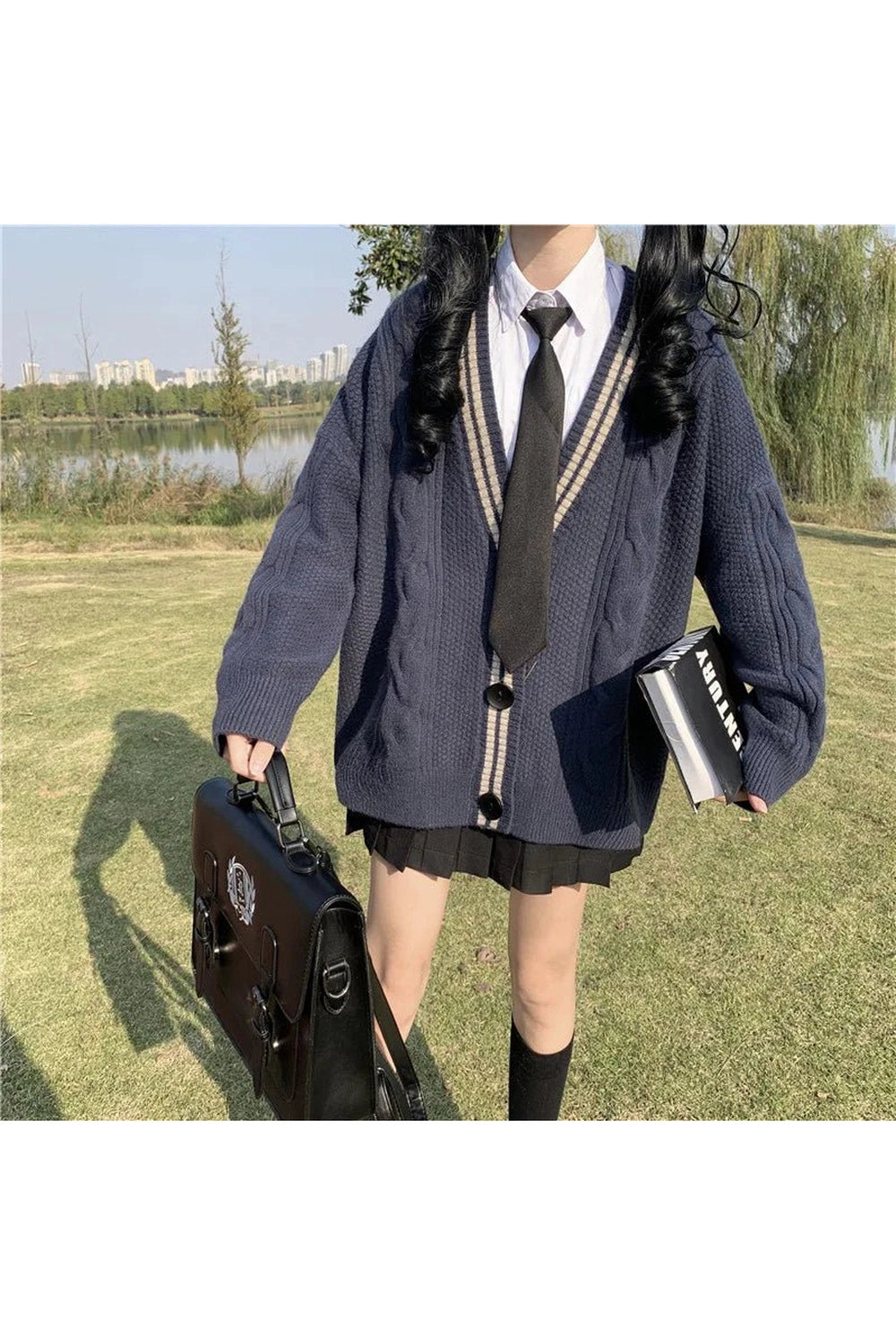 New Style Trends - Retro Navy Preppy Varsity Cardigan - Outfit Ideas