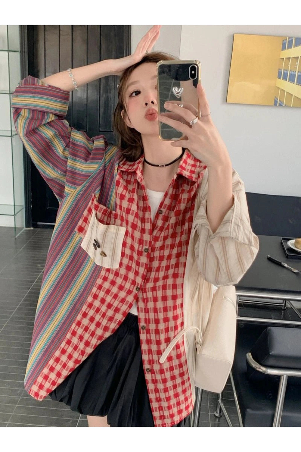 New Style Trends - Retro Patchwork Harmony Oversized Shirt - Outfit Ideas