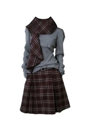 New Style Trends - Retro Plaid Scarf Outfit Set - Outfit Ideas