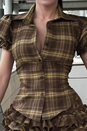 New Style Trends - Retro Puff Sleeve Plaid Cinch Shirt - Outfit Ideas