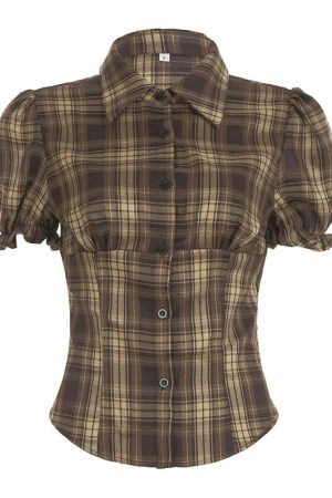 New Style Trends - Retro Puff Sleeve Plaid Cinch Shirt - Outfit Ideas